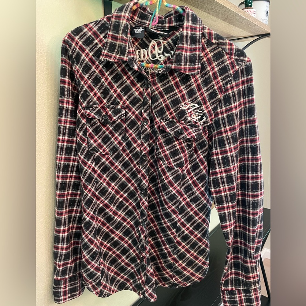 Harley-Davidson Black and Red Plaid Button Down Shirt Size Large
